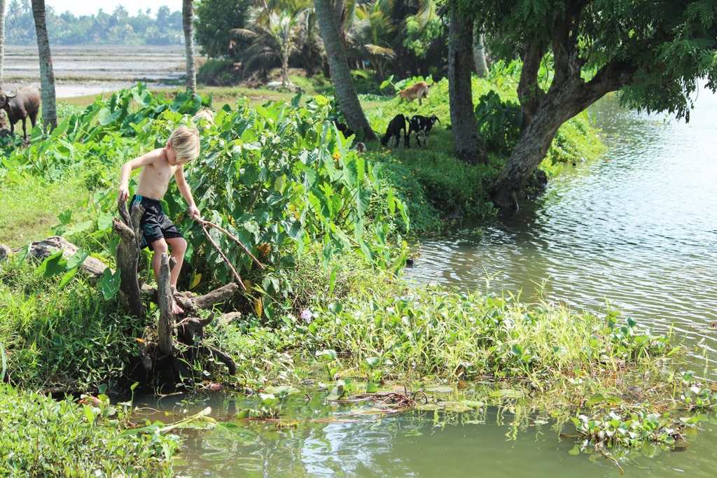 masser af muligheder for børnene at lege når vi sejler ind til breden ved backwaters i indien