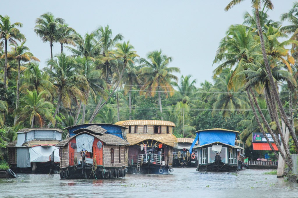 masser af smukke husbåde på floden ved alleppey